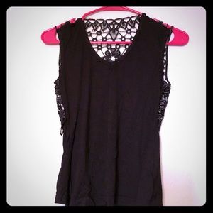 Open Back Lace Floral Design Black Crop Tank